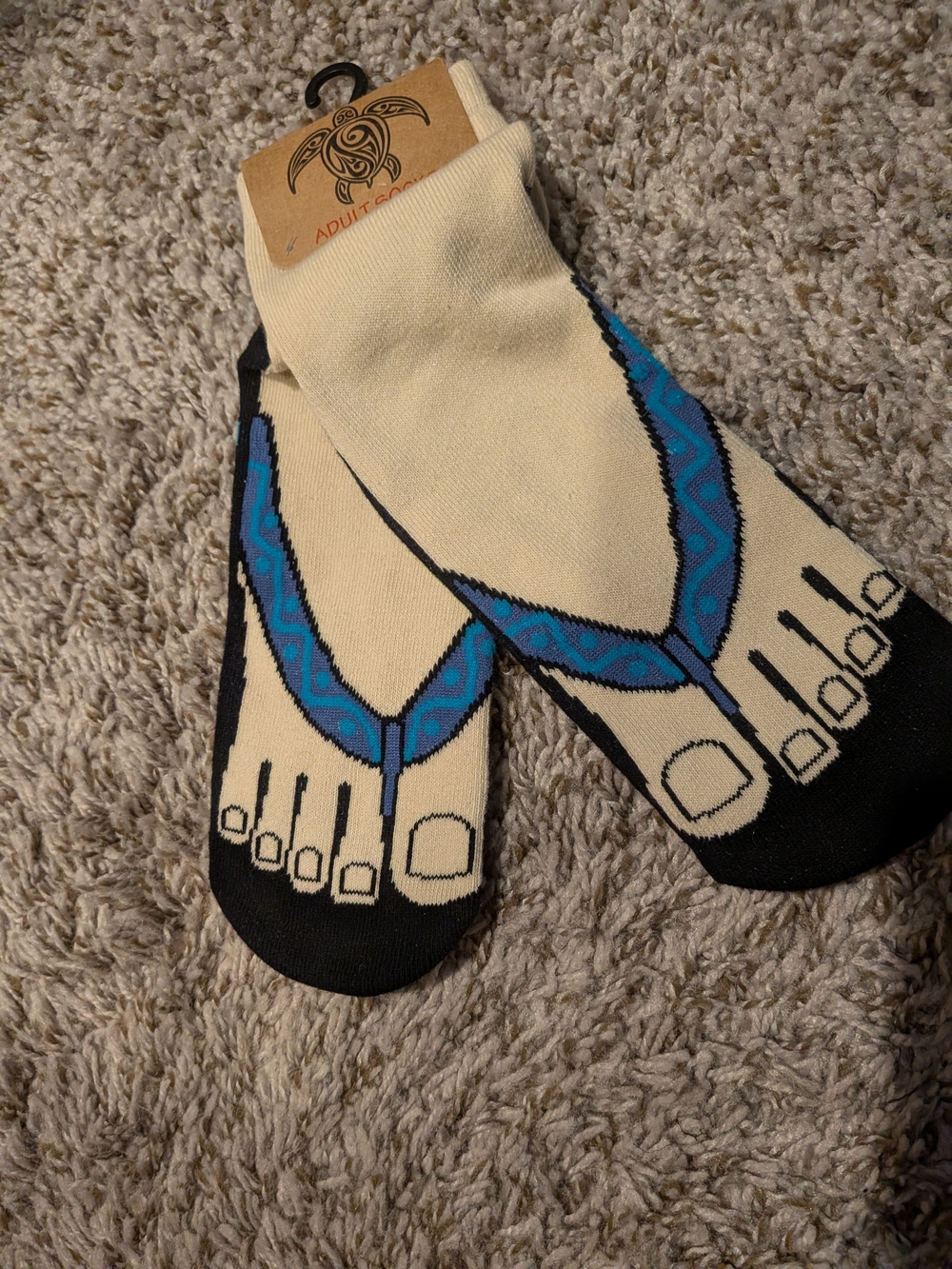 Novelty NEW  Flip-Flop Toe Socks - Cream with Blue Strap Print